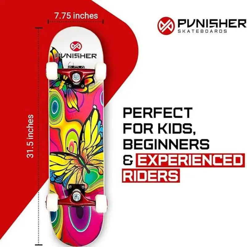 Punisher Girls Skateboard Complete with 31.5" x 7.75" Double Kick Concave Deck Canadian Maple ABEC-7 Bearings