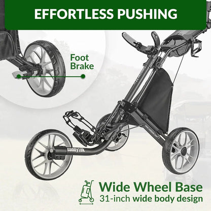 3 Wheel Golf Push Cart - Foldable Collapsible Lightweight Pushcart with Foot Brake - Easy to Open & Close