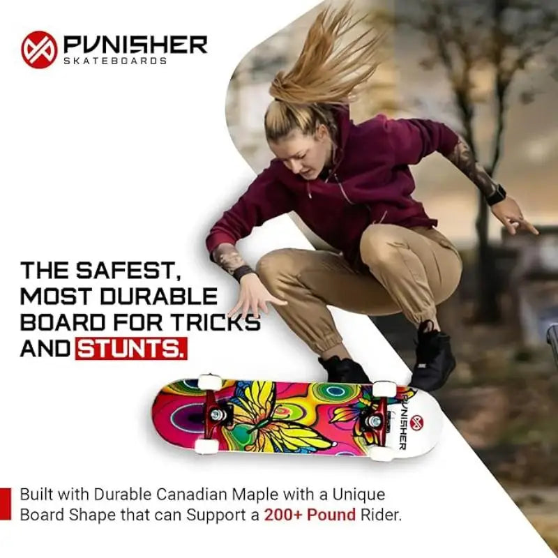 Punisher Girls Skateboard Complete with 31.5" x 7.75" Double Kick Concave Deck Canadian Maple ABEC-7 Bearings