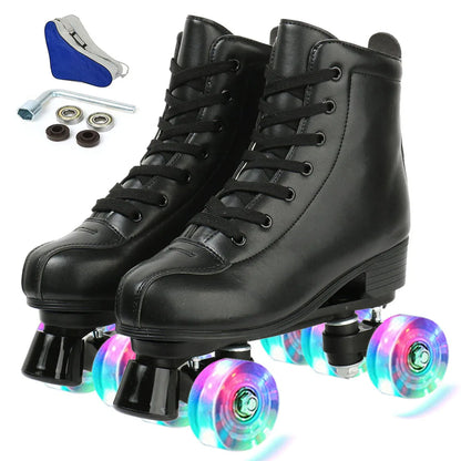 PU Leather Roller Skates Skating Shoes Sliding Inline Quad Skates Sneakers Training Europe Size 4 Wheels Flash Roller Skate