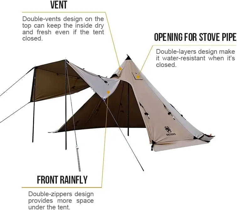 Canvas Hot Tent with Stove Jack, Wind-Proof Fire-Retardant, Durable 4 Season Camping Pyramid  Tent for