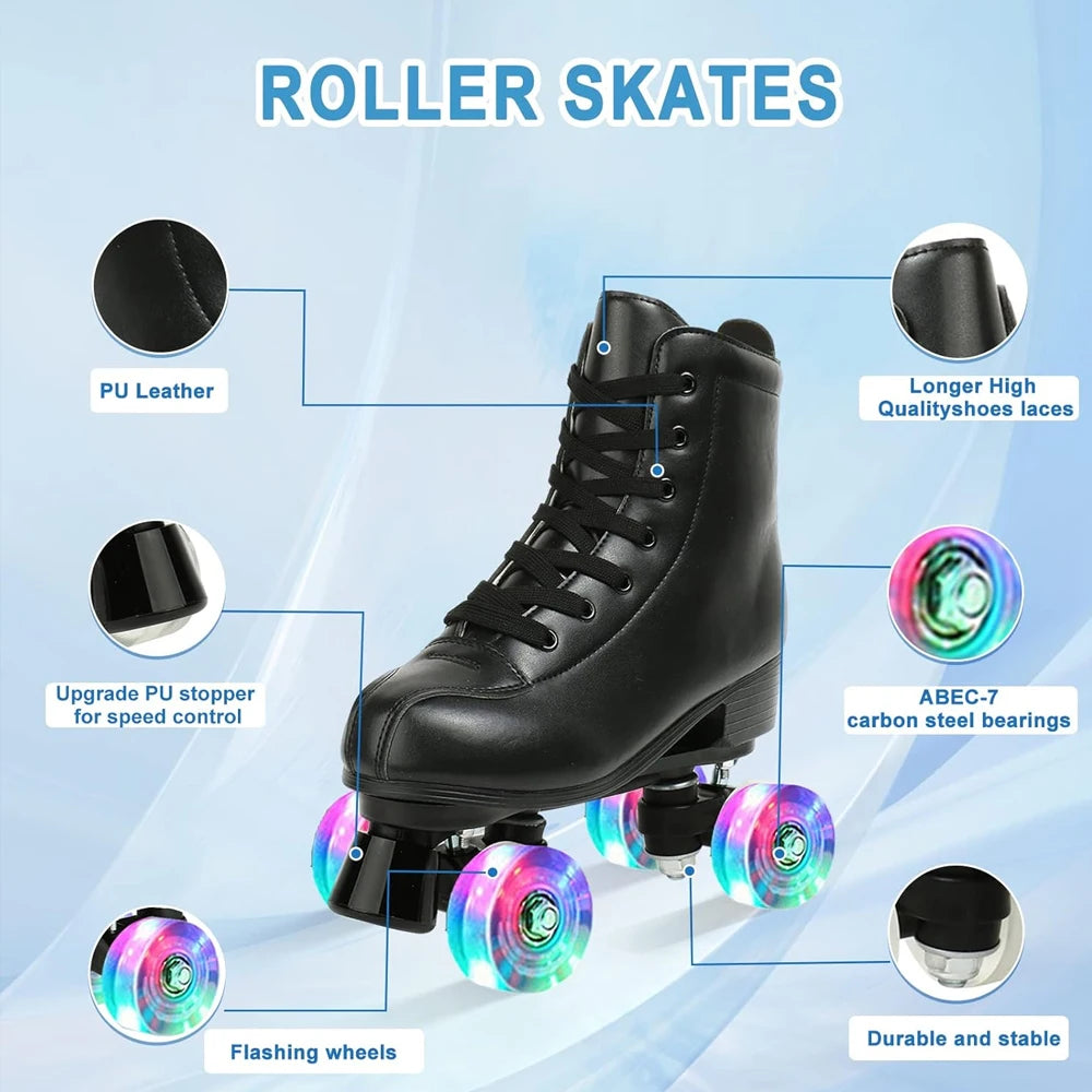 PU Leather Roller Skates Skating Shoes Sliding Inline Quad Skates Sneakers Training Europe Size 4 Wheels Flash Roller Skate