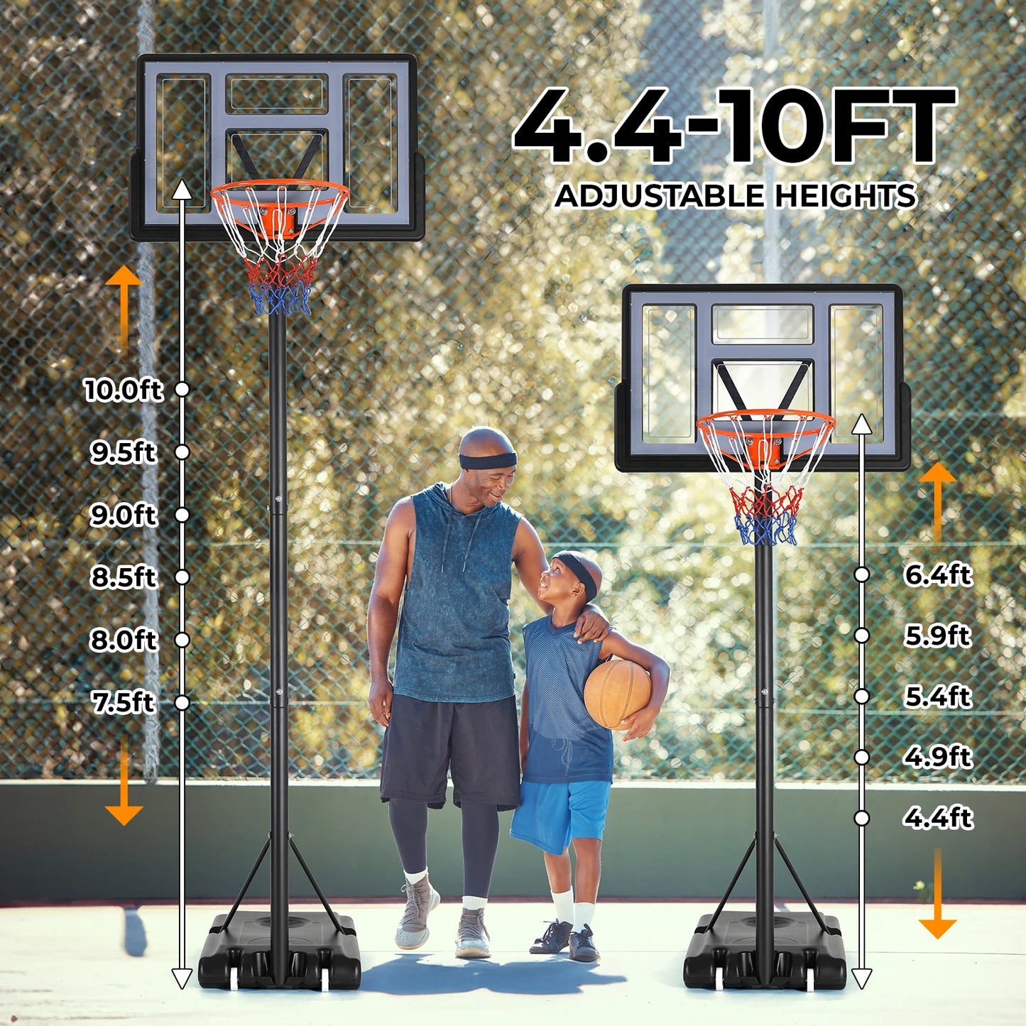 Basketball Hoop Outdoor, 4.4-10ft Adjustable Height Portable Basketball Goal, 44in Shatterproof Backboard