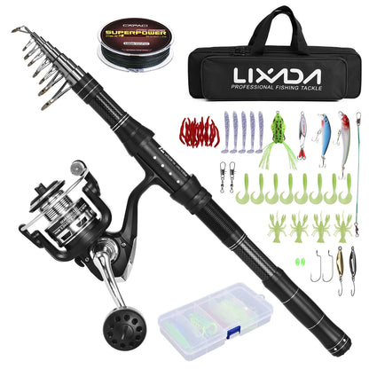 Lixada Fishing Rod and Reel Combos Telescopic Fishing Pole w Spinning Reel Combo Kit Fishing Line Lures Hooks Set with Carry Bag