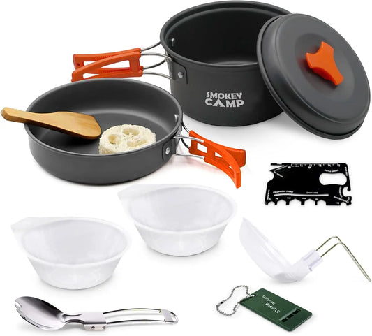 Camping Cookware Mess Kit Set with Stove - Backpacking Camping Pots and Pans Set All in One Non-Stick Camping Cooking Set Portab