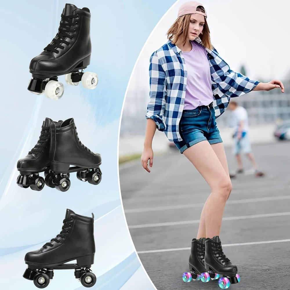 PU Leather Roller Skates Skating Shoes Sliding Inline Quad Skates Sneakers Training Europe Size 4 Wheels Flash Roller Skate