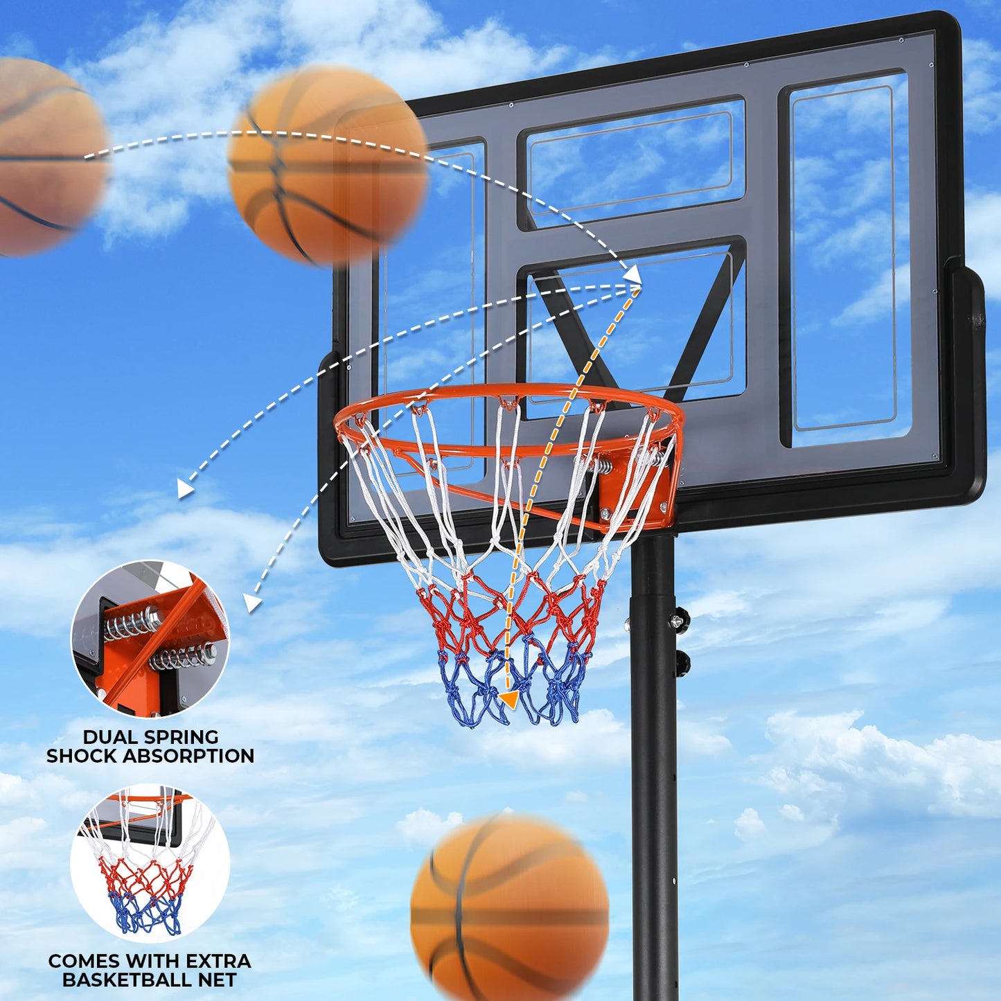 Basketball Hoop Outdoor, 4.4-10ft Adjustable Height Portable Basketball Goal, 44in Shatterproof Backboard