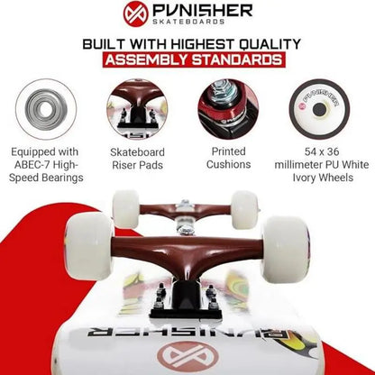 Punisher Girls Skateboard Complete with 31.5" x 7.75" Double Kick Concave Deck Canadian Maple ABEC-7 Bearings